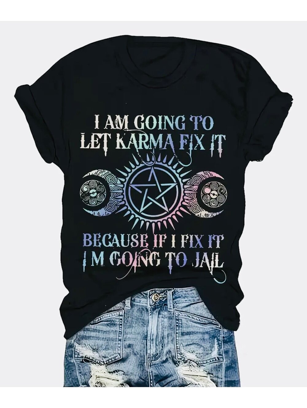 New -Fun ! Moon & Stars Karma Short Sleeve Graphic T-Shirt -Black -Size L